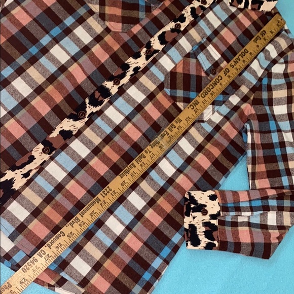 ASVIVID Plaid Tunic button up roll tab long sleeves leopard print accents size L - Picture 9 of 11